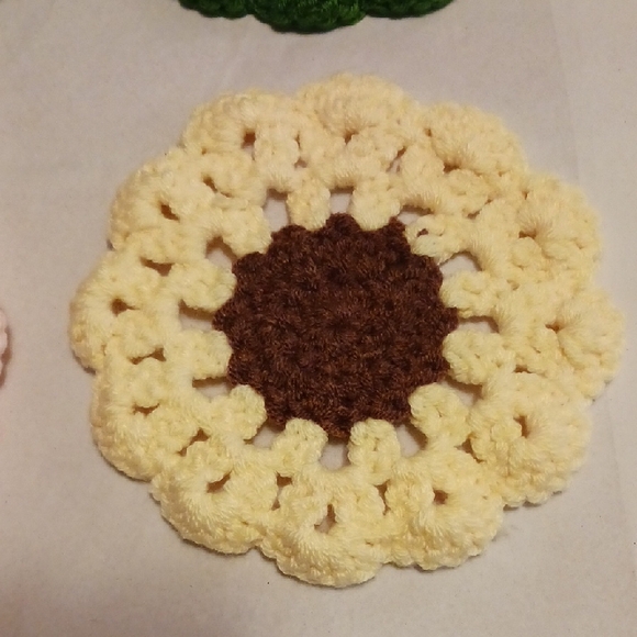 Handmade Crochet Flower Coasters Set - Green, Pink, Yellow, Brown - Picture 5 of 9